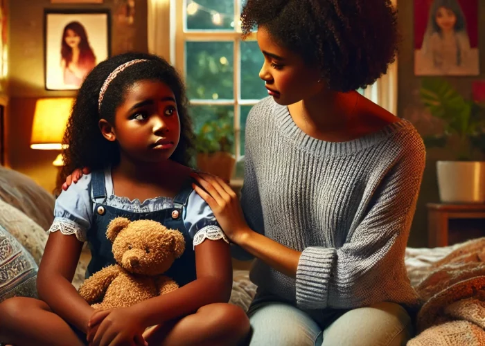 DALL·E 2025-04-10 12.12.30 - A cozy bedroom scene where a young Black girl, Malia, around 9 years old, is sitting on a bed talking to her older cousin Tasha, a middle schooler. Ma